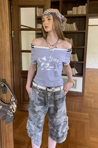 DIDDI MODA Elegant Off Shoulder Puppy Print Tee