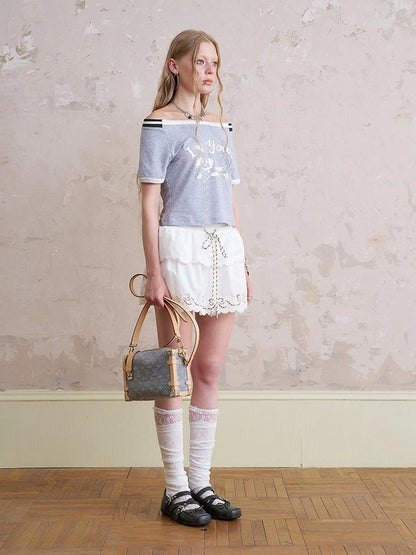 Elegant Off Shoulder Puppy Print Tee