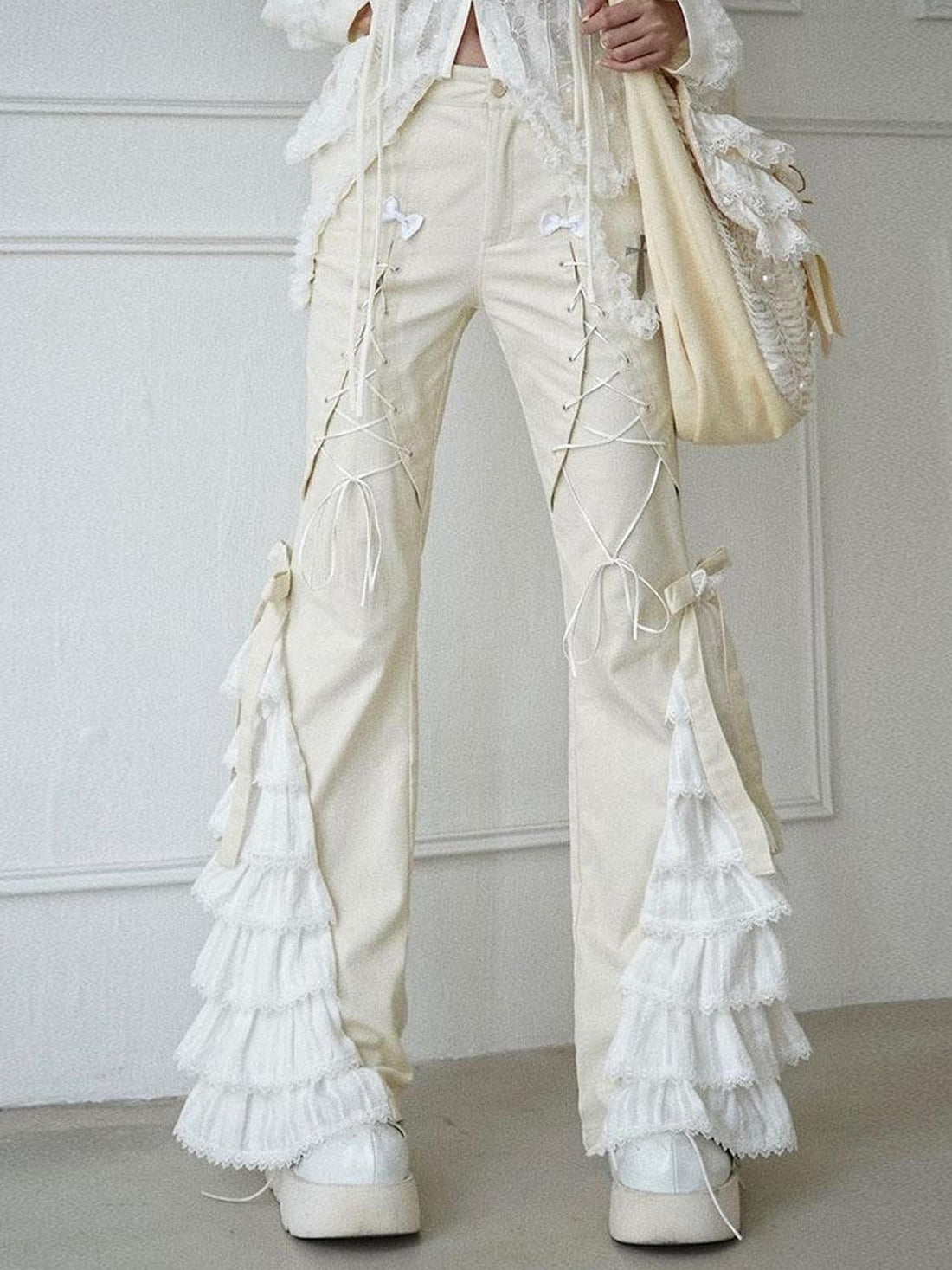 WSW WUSHENWU Elegant Off White Lace Casual Pants Versatile Chic