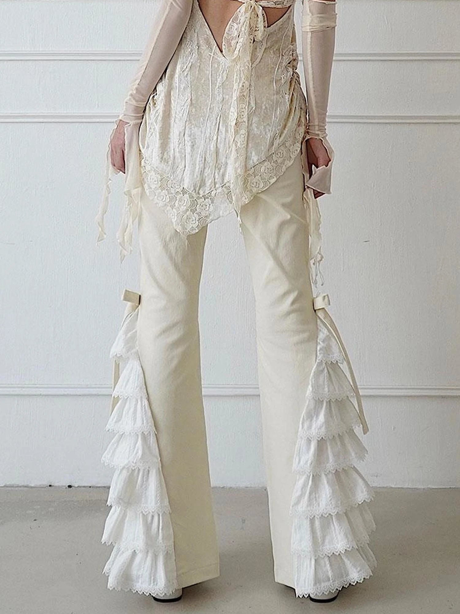 Elegant Off White Lace Casual Pants Versatile Chic