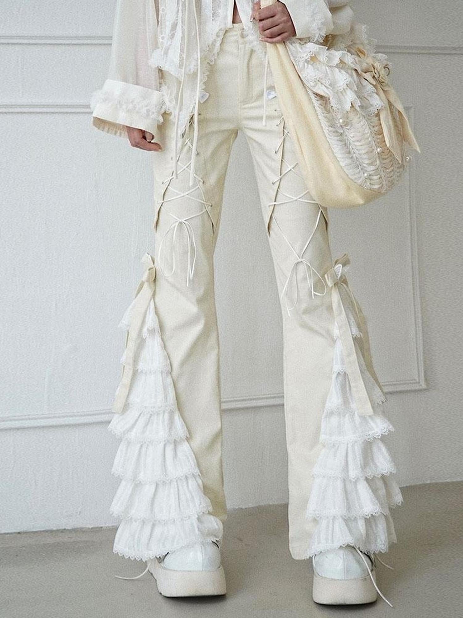 WSW WUSHENWU Elegant Off White Lace Casual Pants Versatile Chic