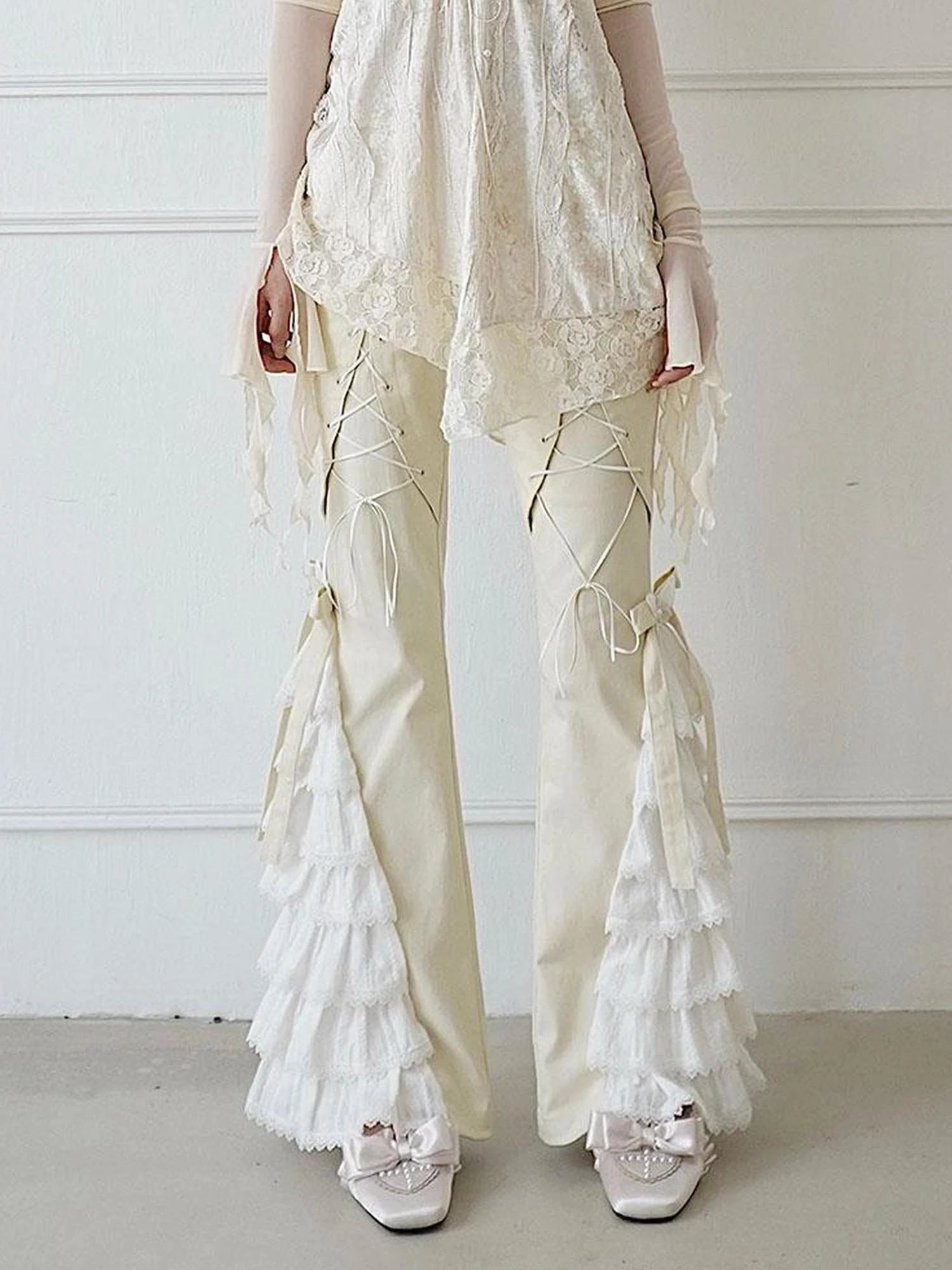Elegant Off White Lace Casual Pants Versatile Chic