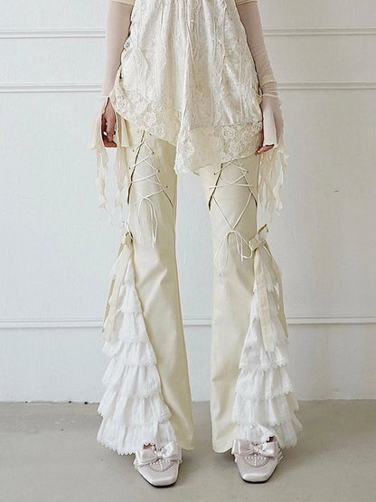 Elegant Off White Lace Casual Pants Versatile Chic