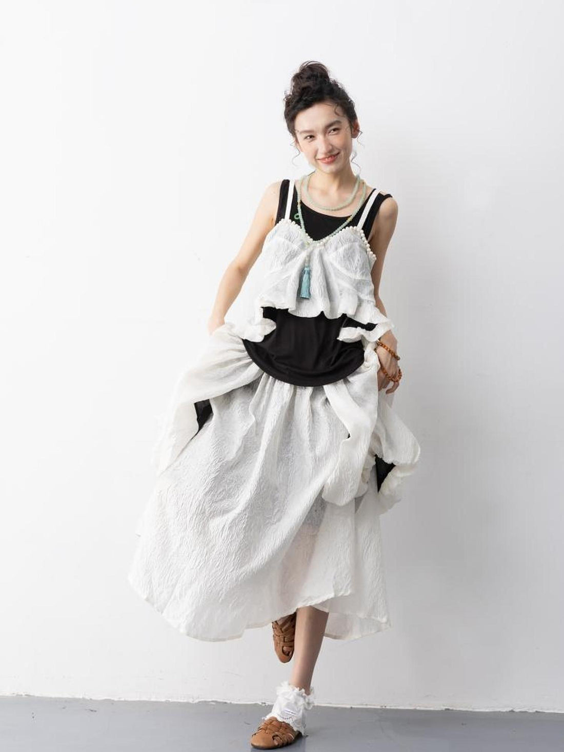 Sweet Mi Elegant Pearl Strap Jacquette Tube Top Skirt Set Summer Free Size