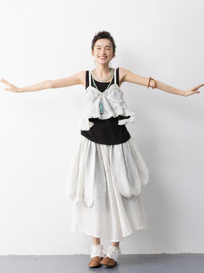 Sweet Mi Elegant Pearl Strap Jacquette Tube Top Skirt Set Summer Free Size