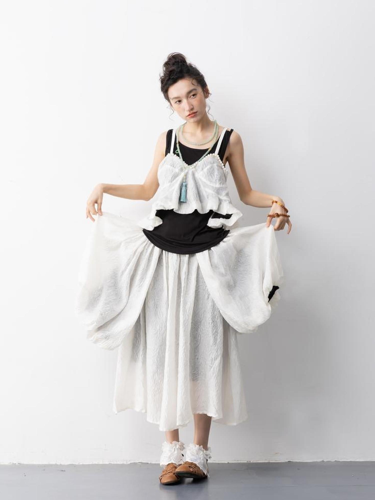 Sweet Mi Elegant Pearl Strap Jacquette Tube Top Skirt Set Summer Free Size