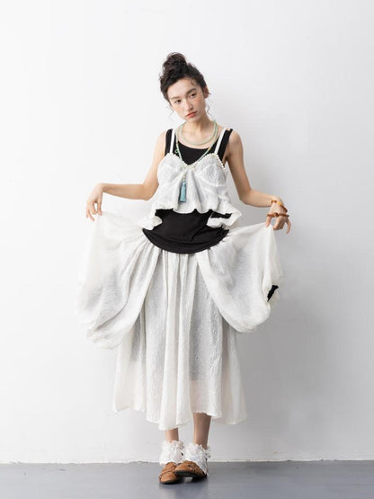 Sweet Mi Elegant Pearl Strap Jacquette Tube Top Skirt Set Summer Free Size