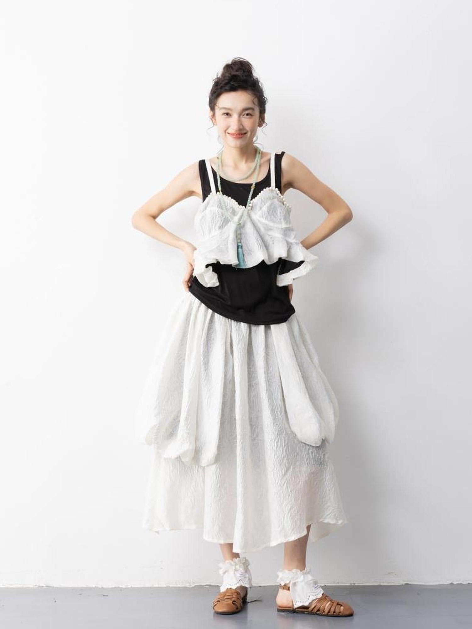 Sweet Mi Elegant Pearl Strap Jacquette Tube Top Skirt Set Summer Free Size