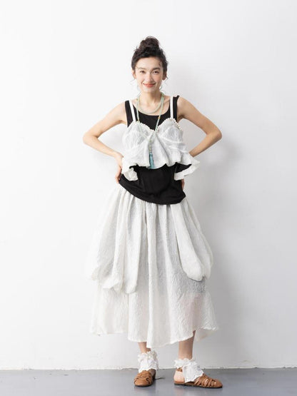 Sweet Mi Elegant Pearl Strap Jacquette Tube Top Skirt Set Summer Free Size