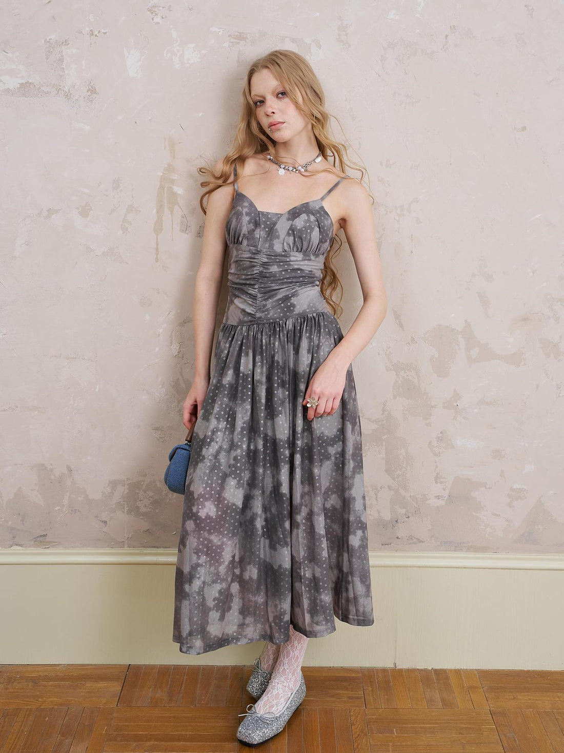 DIDDI MODA Elegant Polka Dot Mesh Wrap Waist Maxi Dress