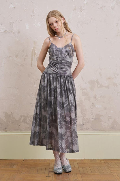 DIDDI MODA Elegant Polka Dot Mesh Wrap Waist Maxi Dress