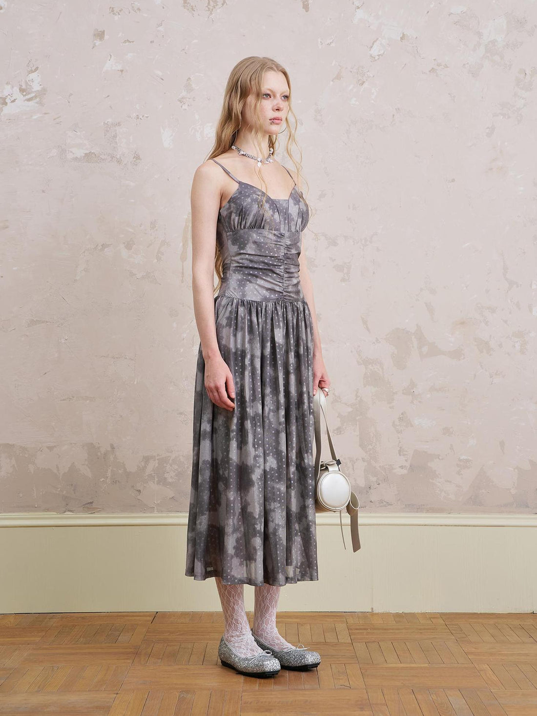 DIDDI MODA Elegant Polka Dot Mesh Wrap Waist Maxi Dress