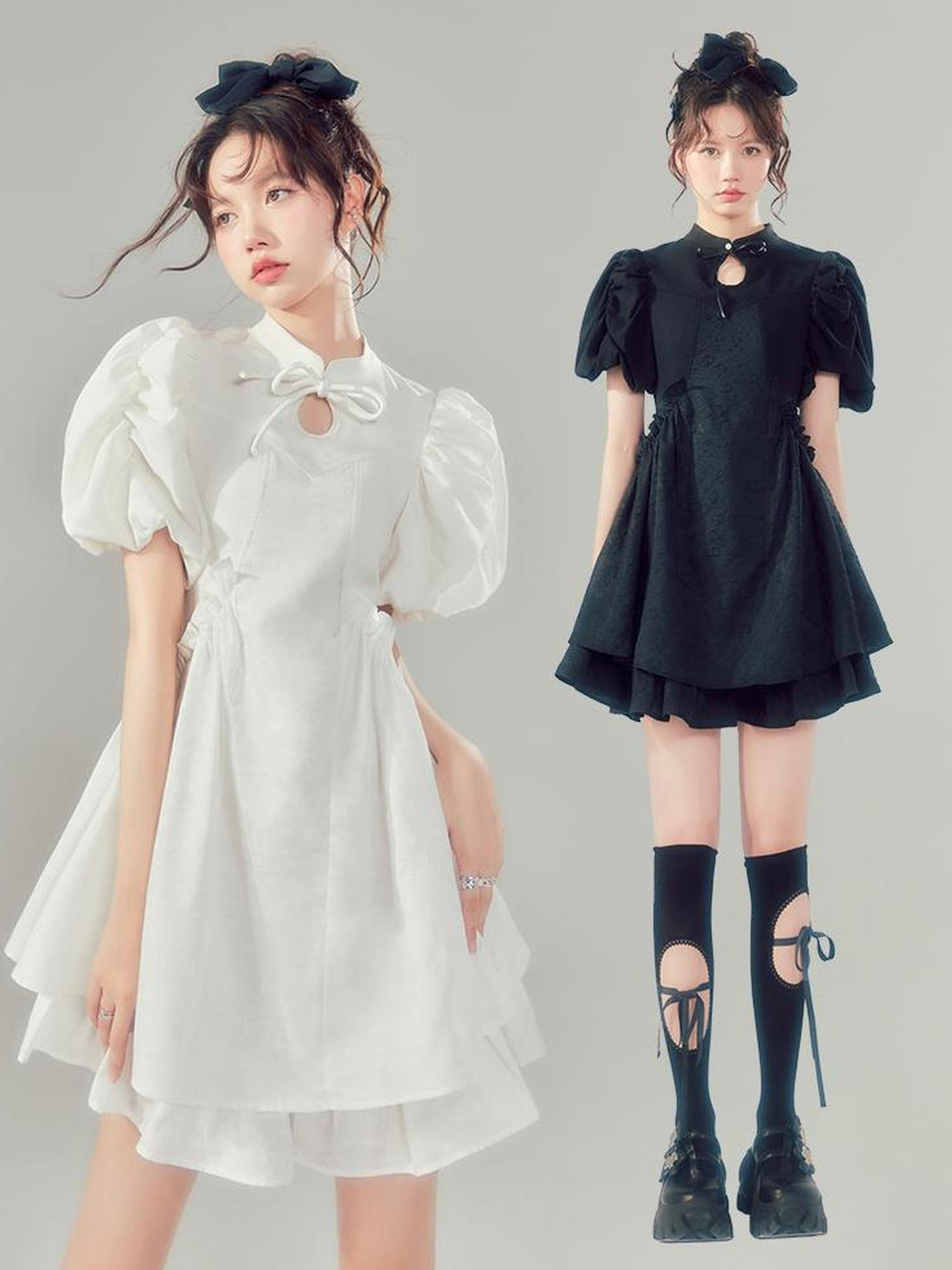 DIDDI MODA Elegant Qipao Bubble Sleeve Dress With Floral Jacquard And Ruffles