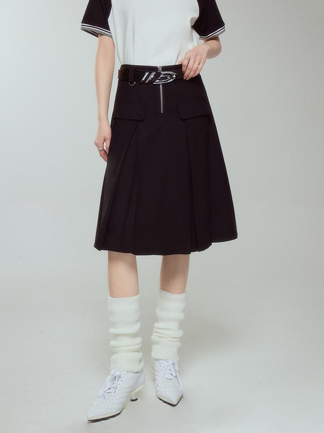 DIDDI MODA Elegant Silver Zip White Midi Pleated Skirt