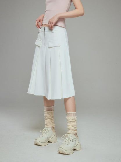 DIDDI MODA Elegant Silver Zip White Midi Pleated Skirt