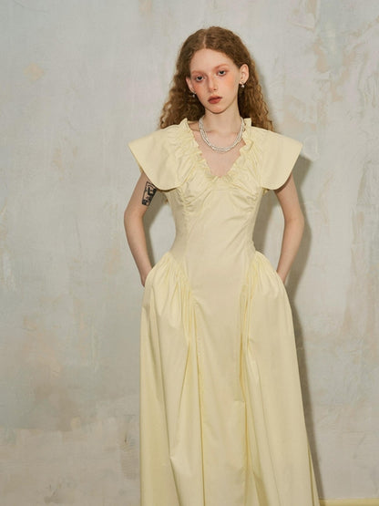 DIDDI MODA Elegant Sweet V Neck Flutter Sleeve Smocked Waist Maxi Dress