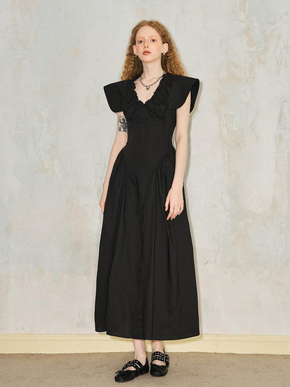 DIDDI MODA Elegant Sweet V Neck Flutter Sleeve Smocked Waist Maxi Dress