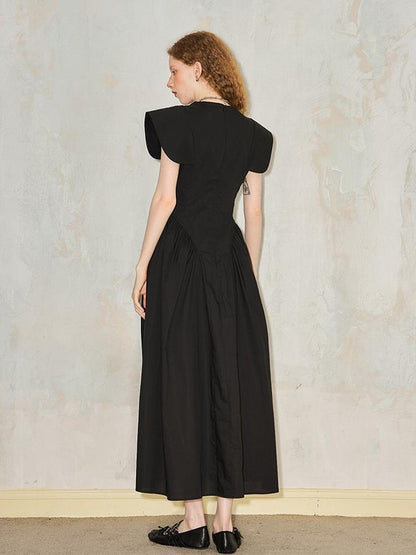 DIDDI MODA Elegant Sweet V Neck Flutter Sleeve Smocked Waist Maxi Dress