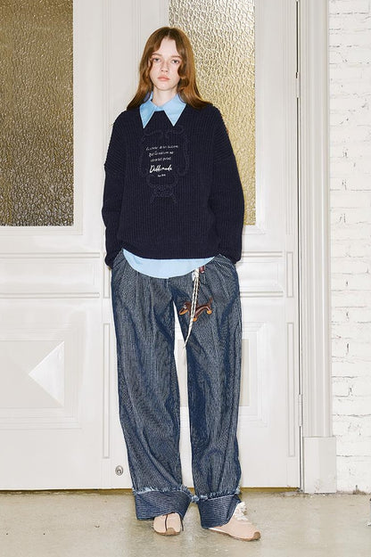 DIDDI MODA Elegant Tape Embroidered Letter Sweater