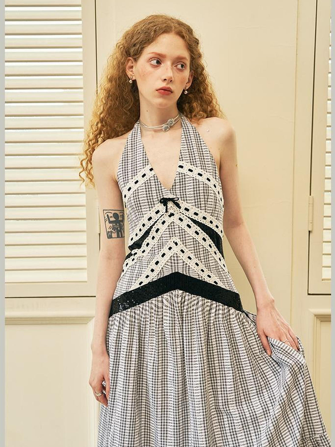 DIDDI MODA Elegant V Neck Lace Sequin Resort Maxi Dress
