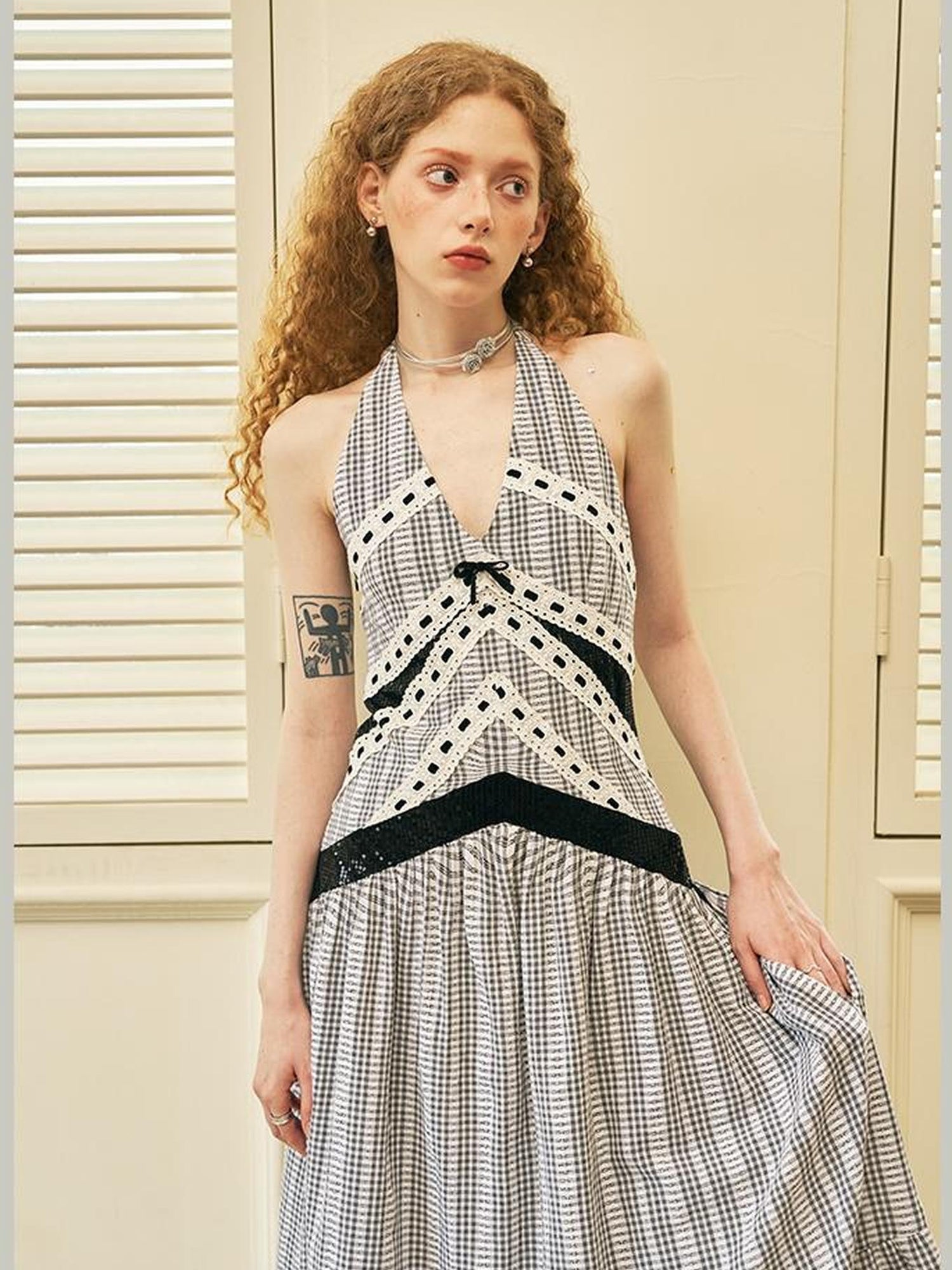 DIDDI MODA Elegant V Neck Lace Sequin Resort Maxi Dress