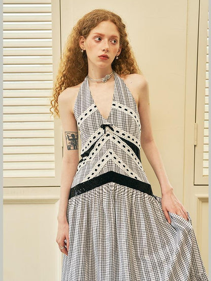 DIDDI MODA Elegant V Neck Lace Sequin Resort Maxi Dress