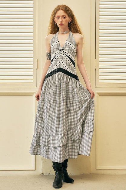 DIDDI MODA Elegant V Neck Lace Sequin Resort Maxi Dress