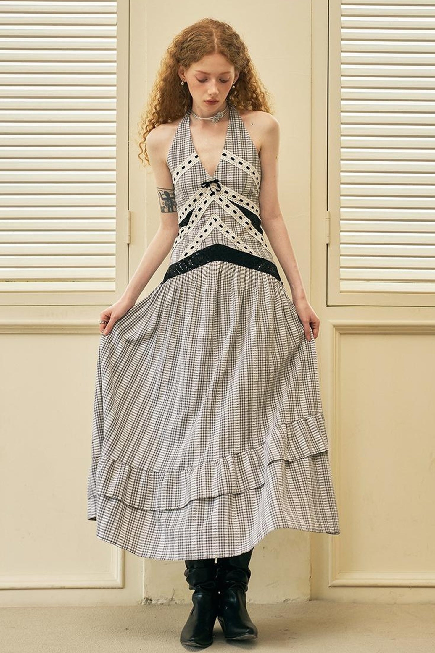 DIDDI MODA Elegant V Neck Lace Sequin Resort Maxi Dress