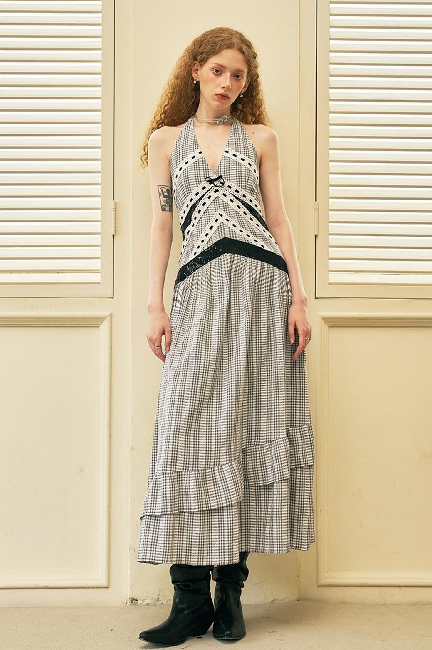 DIDDI MODA Elegant V Neck Lace Sequin Resort Maxi Dress