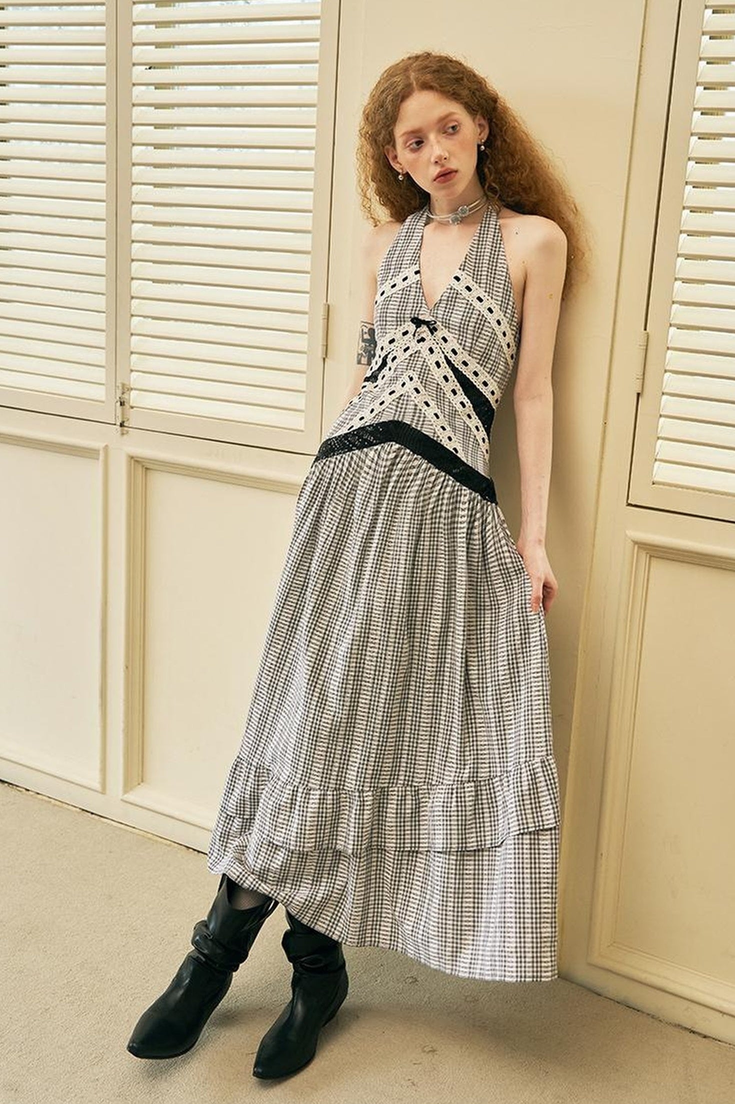 DIDDI MODA Elegant V Neck Lace Sequin Resort Maxi Dress