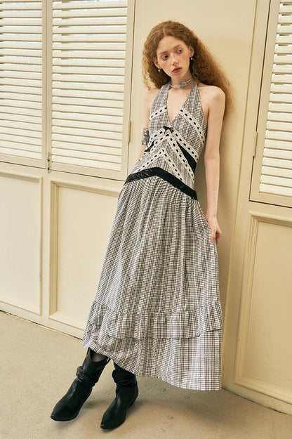 DIDDI MODA Elegant V Neck Lace Sequin Resort Maxi Dress