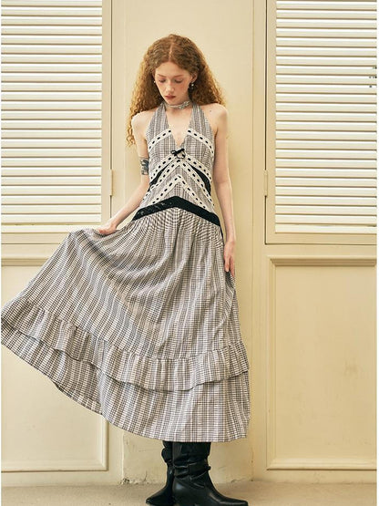 DIDDI MODA Elegant V Neck Lace Sequin Resort Maxi Dress