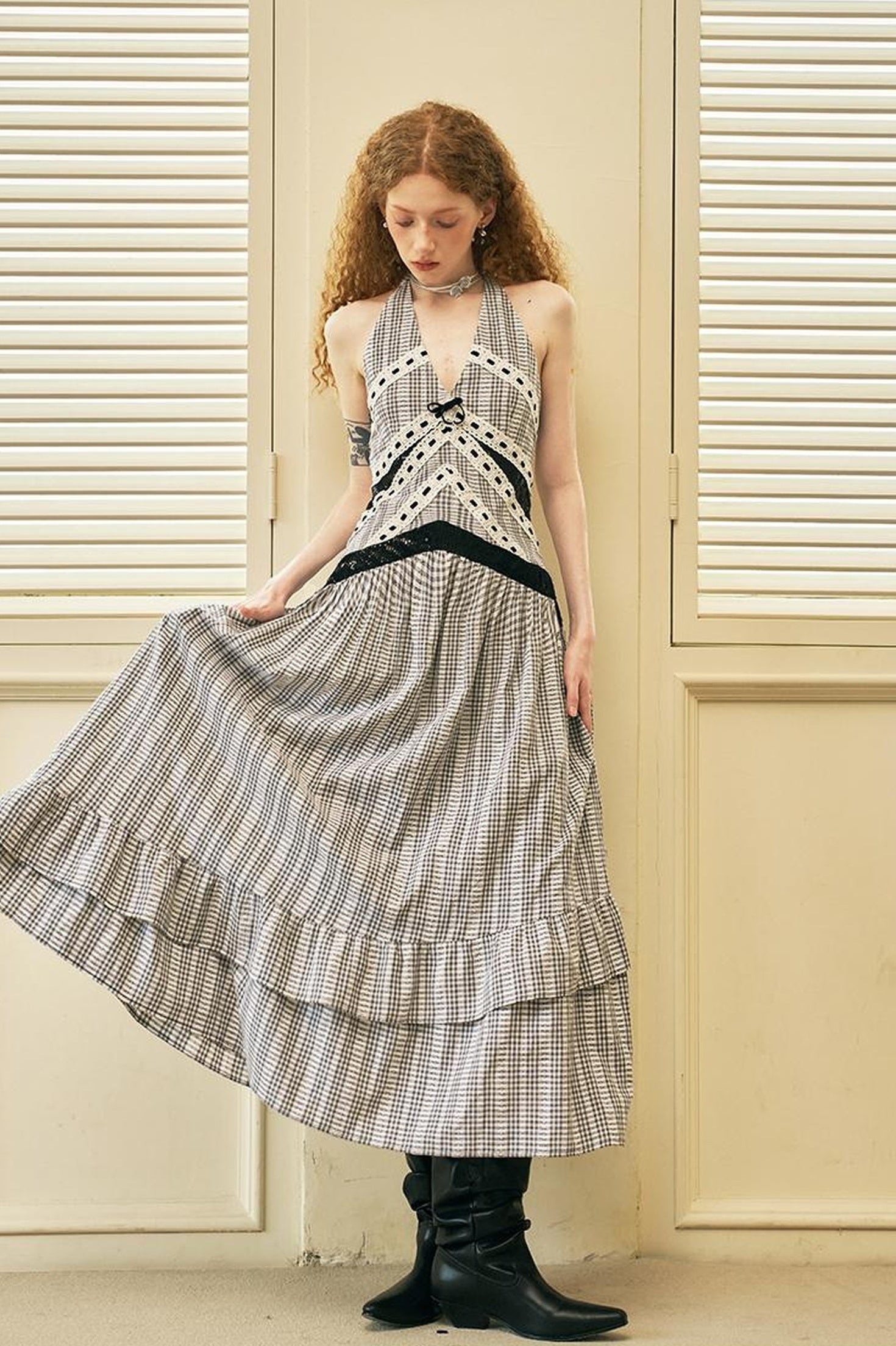 DIDDI MODA Elegant V Neck Lace Sequin Resort Maxi Dress