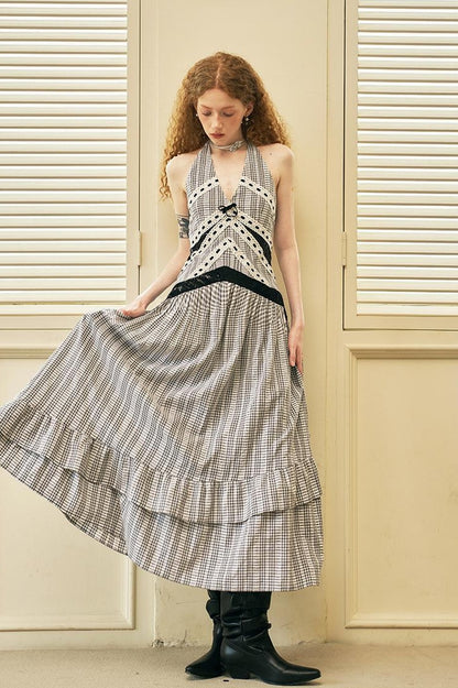 DIDDI MODA Elegant V Neck Lace Sequin Resort Maxi Dress