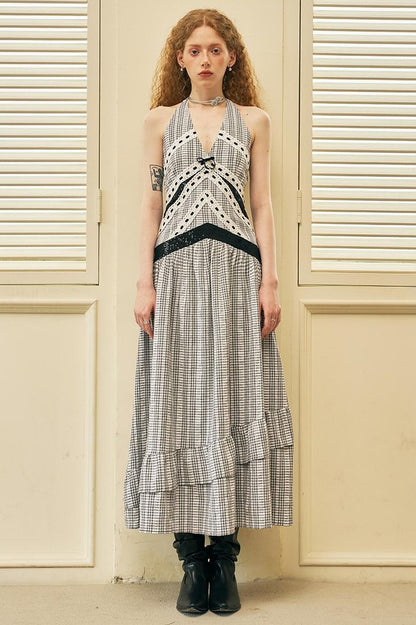 DIDDI MODA Elegant V Neck Lace Sequin Resort Maxi Dress