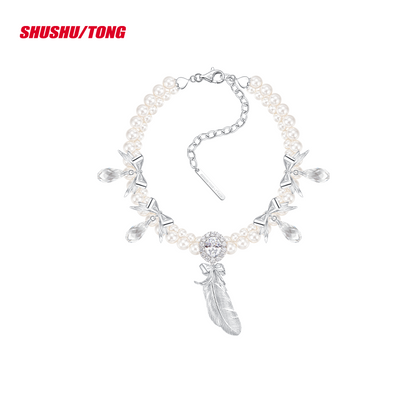 Elegant Zircon Flower Feather Double Pearl Necklace