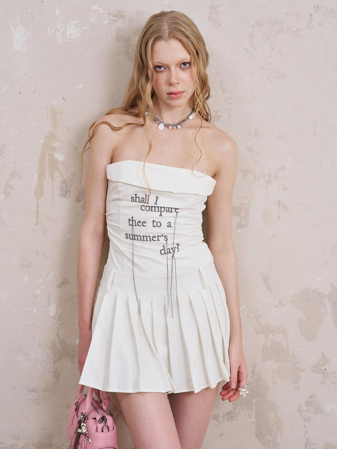 DIDDI MODA Embroidered Fringe Striped Bustier Dress With Ruffled Waist