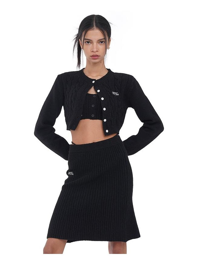 Embroidered Logo Cropped Knit Cardigan &amp; Skirt Set