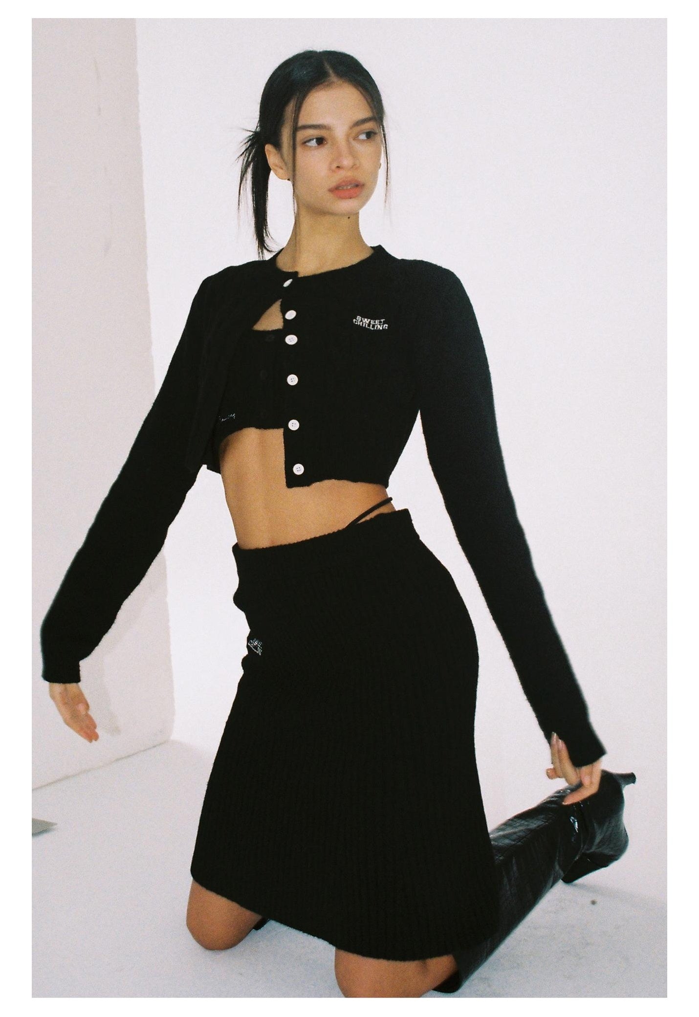 Embroidered Logo Cropped Knit Cardigan &amp; Skirt Set