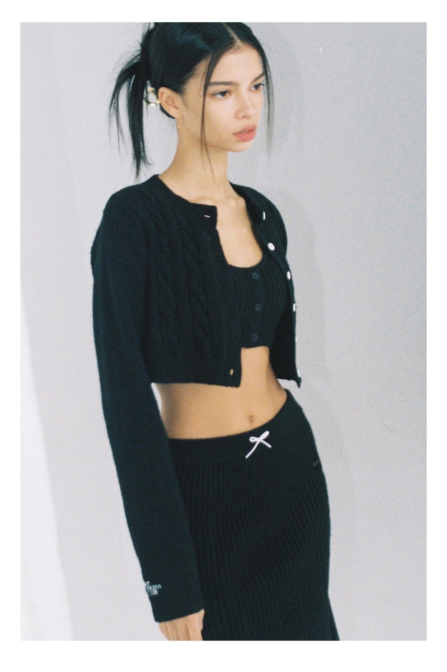 Embroidered Logo Cropped Knit Cardigan &amp; Skirt Set