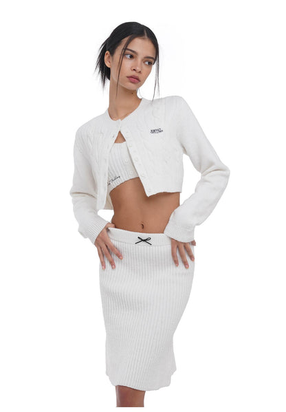 Embroidered Logo Cropped Knit Cardigan &amp; Skirt Set