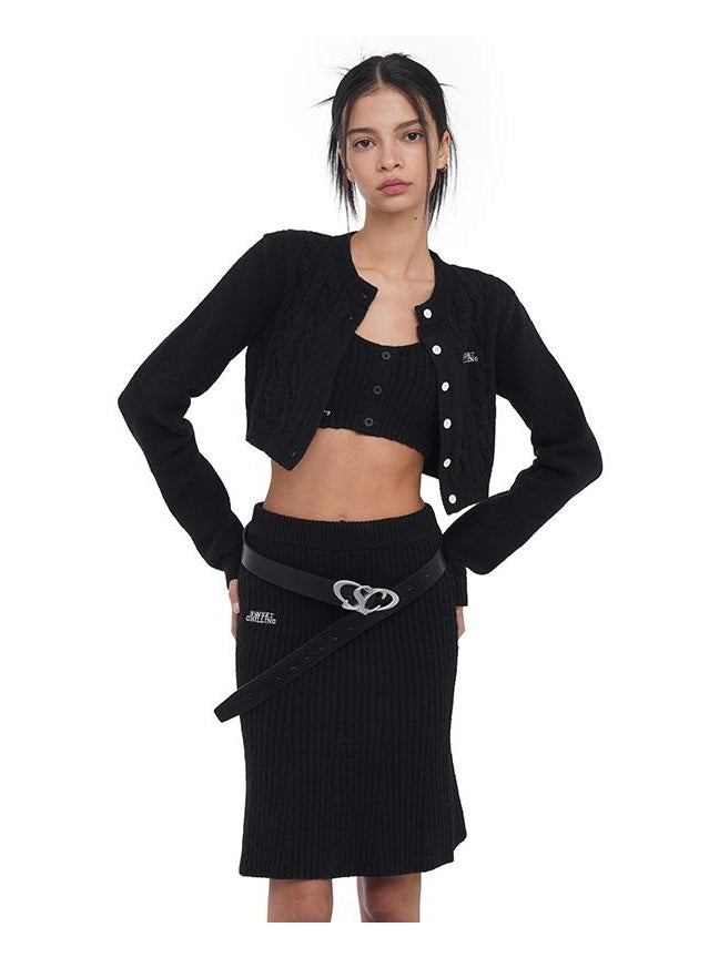 Embroidered Logo Cropped Knit Cardigan &amp; Skirt Set