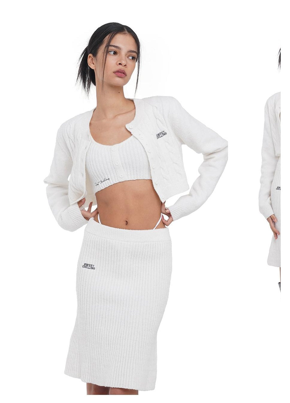 Embroidered Logo Cropped Knit Cardigan &amp; Skirt Set