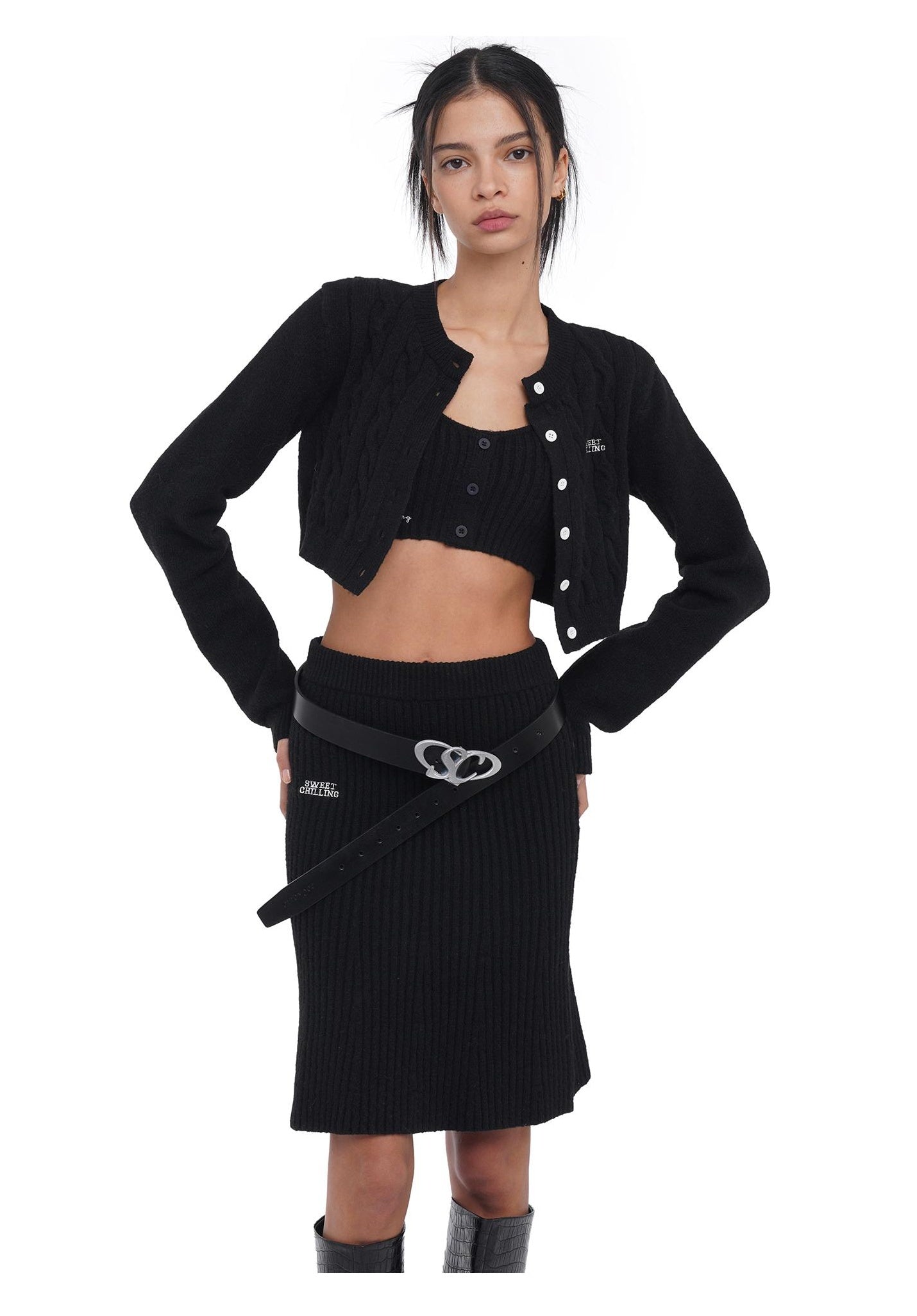 Embroidered Logo Cropped Knit Cardigan &amp; Skirt Set