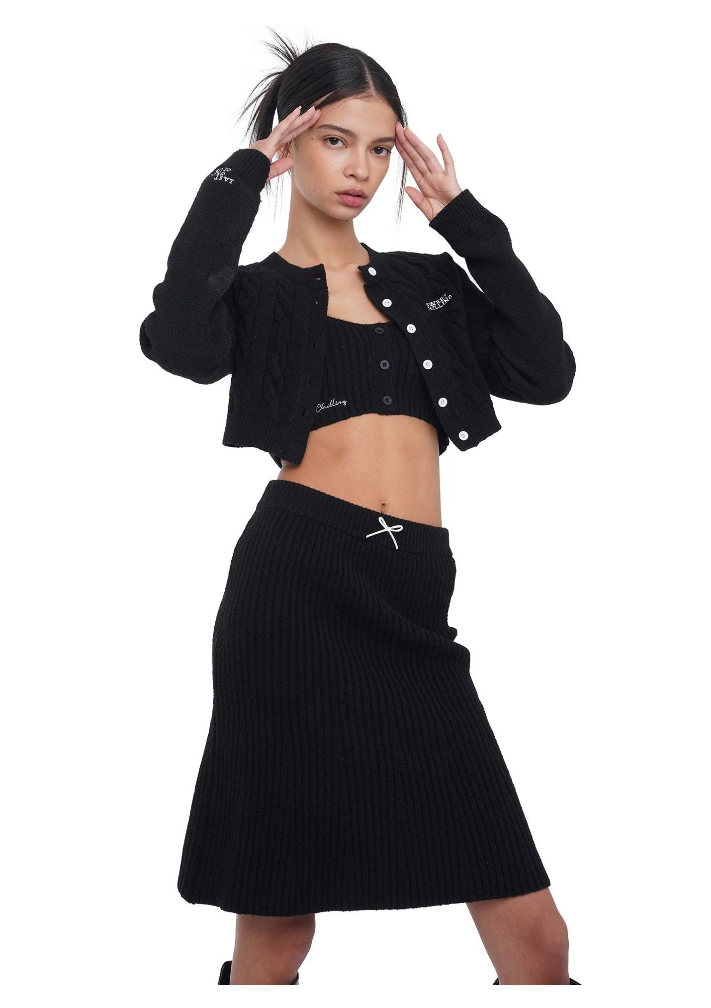 Embroidered Logo Cropped Knit Cardigan &amp; Skirt Set