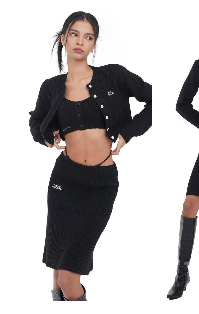 Embroidered Logo Cropped Knit Cardigan &amp; Skirt Set