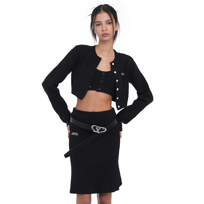 Embroidered Logo Cropped Knit Cardigan &amp; Skirt Set