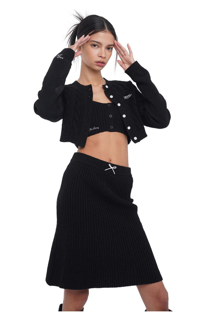 Embroidered Logo Cropped Knit Cardigan &amp; Skirt Set