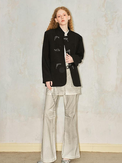 DIDDI MODA Embroidered Mandarin Collar Blazer With Crystal Studs
