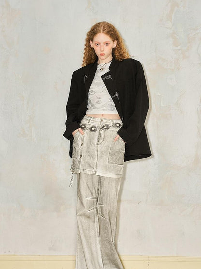DIDDI MODA Embroidered Mandarin Collar Blazer With Crystal Studs